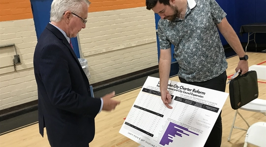 Council President Krekorian examines chart presented by civic activist