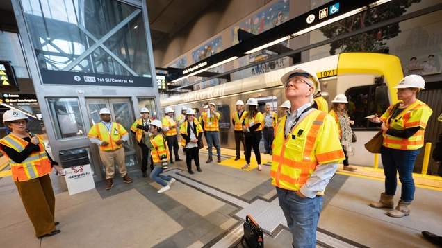 Council president Paul Krekorian inspects new downtown Metro station.